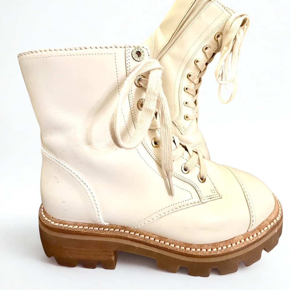 Kate Spade Cream White Merritt Lace-up Combat Boots with Tan Lug Soles 8.5 EUC